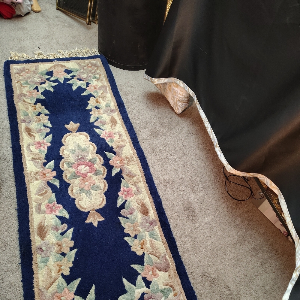 Vintage Wool Aubusson-Style Runner Rug | Deep Navy Blue Floral Oriental Carpet w